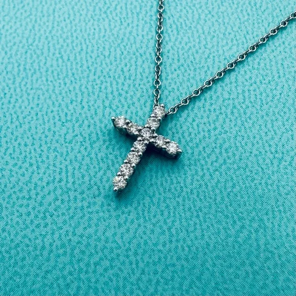 Tiffany & Co. .21 TCW Diamond Cross Necklace in Platinum with Packaging - Picture 6 of 13